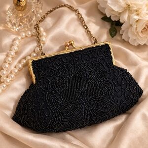 Vintage 1950s Handmade Belgium Black Beaded Kiss Clasp Evening Bag Gold Chain